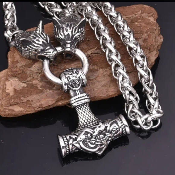 Wolf Head Mjolnir Thor Hammer Pendant Steel Necklace Viking Celtic Norse - Picture 3 of 5